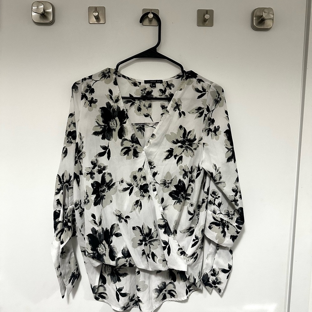 West Kei Black and White Floral Wrap Blouse
